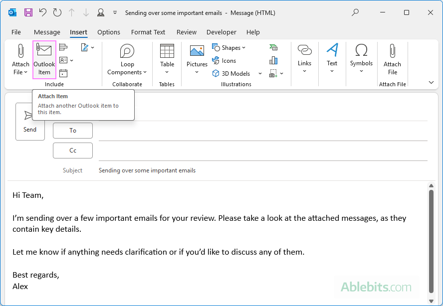 Attach an email as Outlook item.