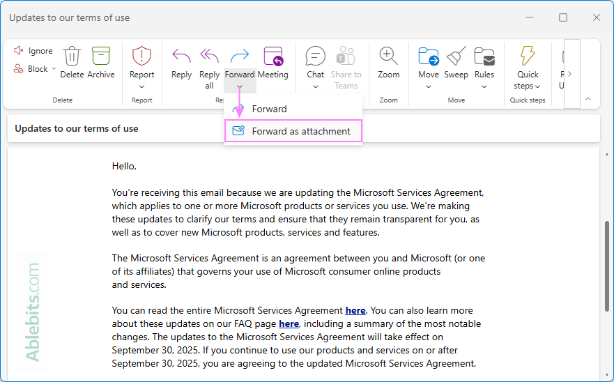 Forward a message as attachment in the new Outlook.