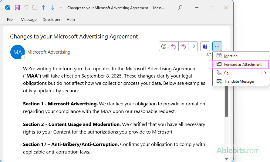 Forward an email as attachment in Outlook.