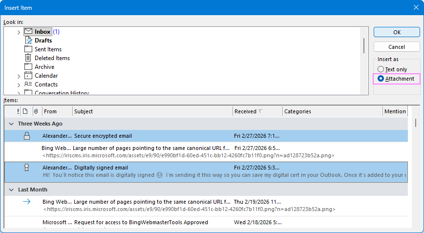Select one or more messages to attach.