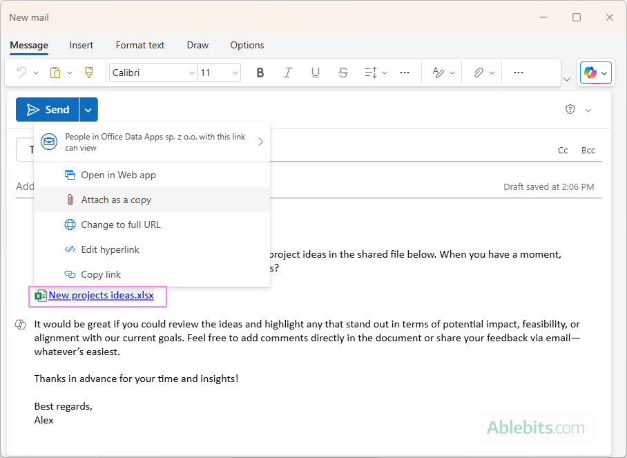 The new Outlook automatically insert links for OneDrive files.