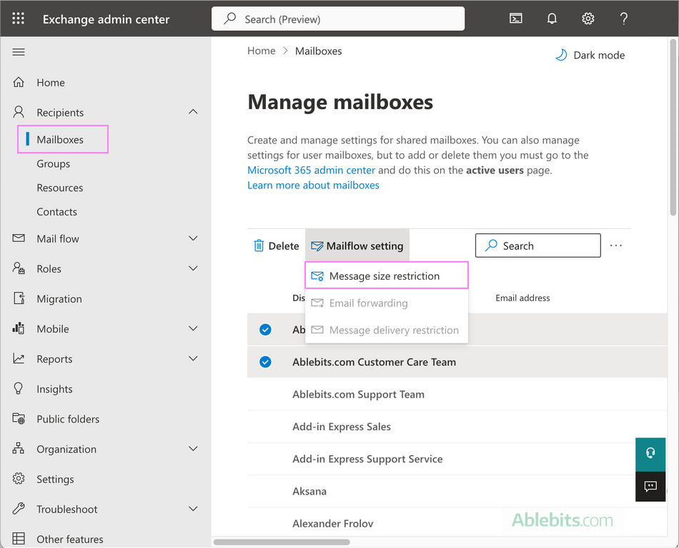 Change the message size restrictions for Outlook 365.