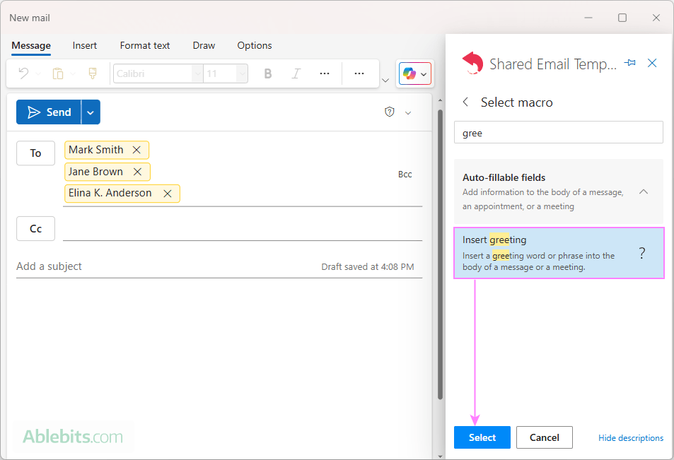Add a macro to an Outlook template to auto-create an email greeting.