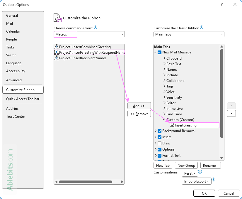 Add the Auto-Insert Recipient Name macro to the email ribbon. Add the Auto-Insert Recipient Name macro to the email ribbon.