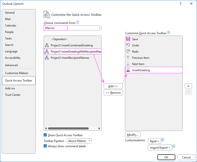 Add the Auto-Insert Recipient Name macro to the Outlook email QAT. Add the Auto-Insert Recipient Name macro to the Outlook email QAT.