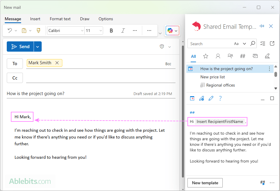 Auto-fill the recipient name into the email body in Outlook.