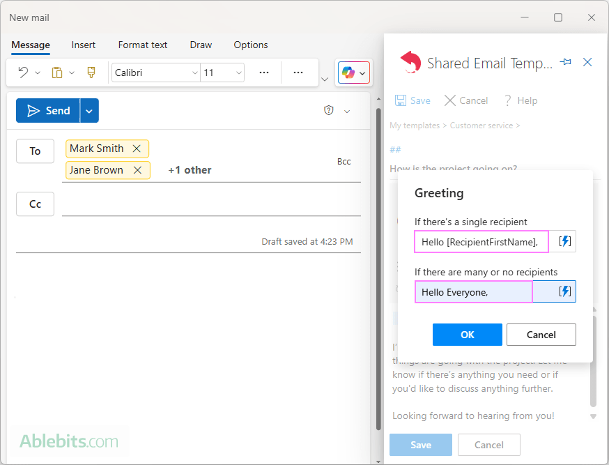 Set up a greeting line that automatically adjusts for one and multiple recipients.