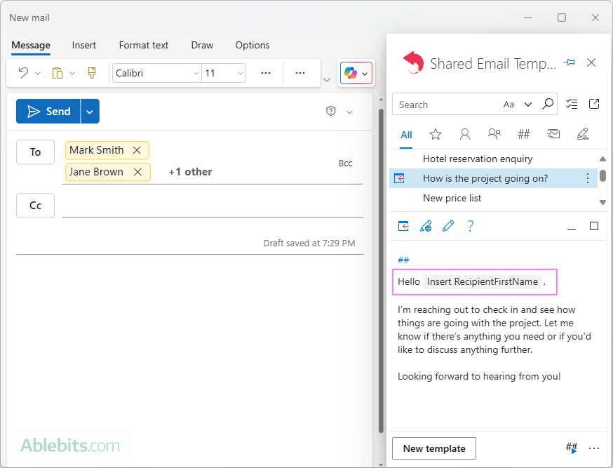 Outlook email template with a personalized greeting.