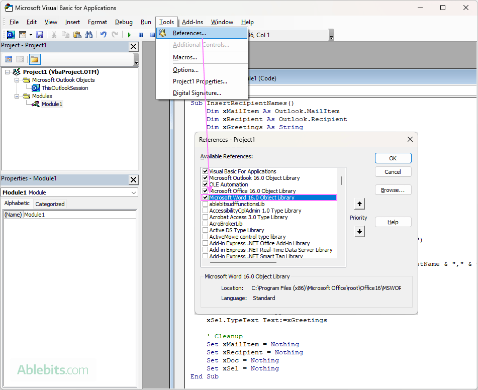 Enable Microsoft Word Object Library. Enable Microsoft Word Object Library.