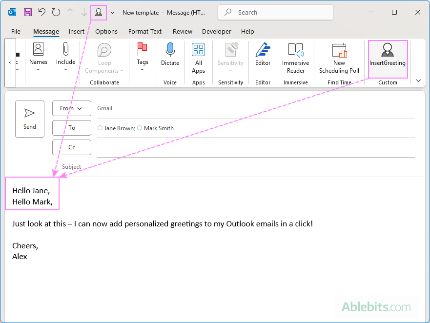 Auto-insert the recipient names into an Outlook email.