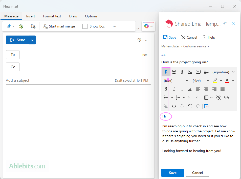 Start typing a greeting line in an email template.