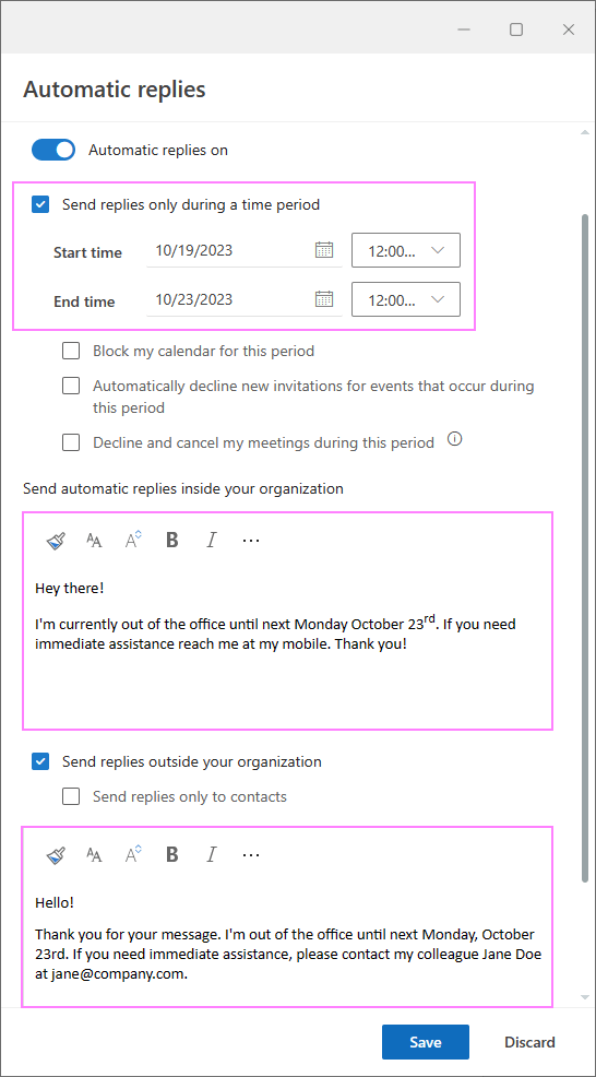 Set up an out-of-office auto reply in new Outlook.