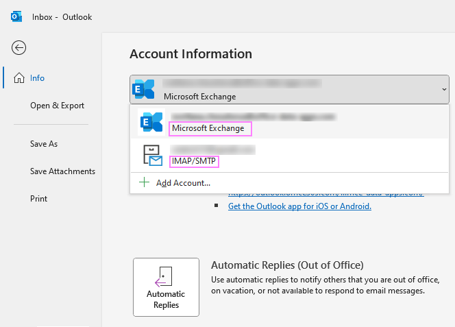 Determine the type of Outlook email account.