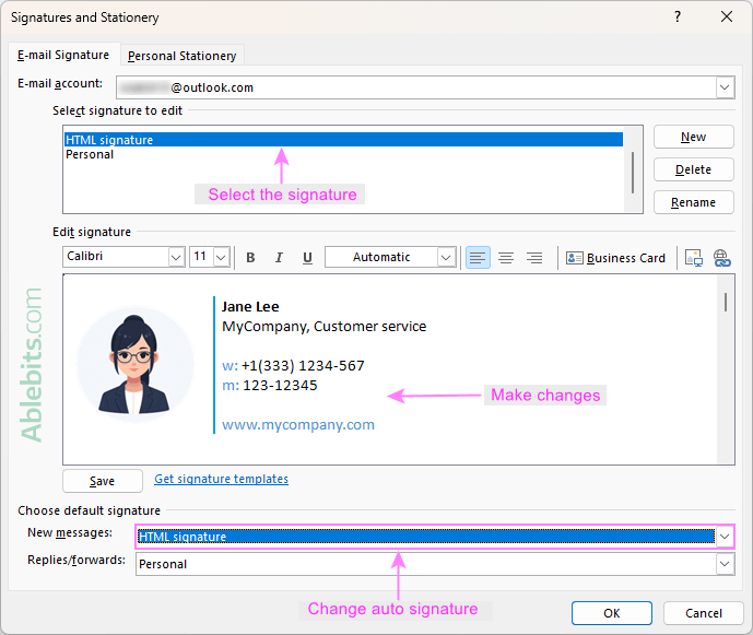 Change an auto signature in classic Outlook.