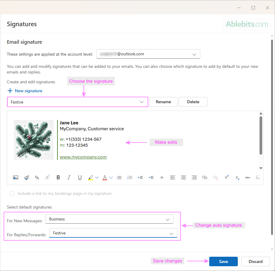 Update or set a different default signature in the new Outlook.