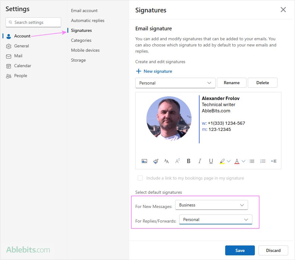 Add a default signature in Outlook on the web.