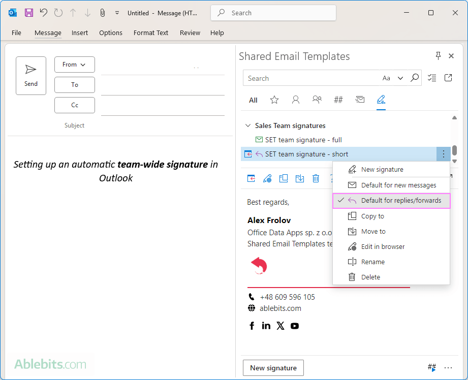 Another way to set a default team signature for Outlook.