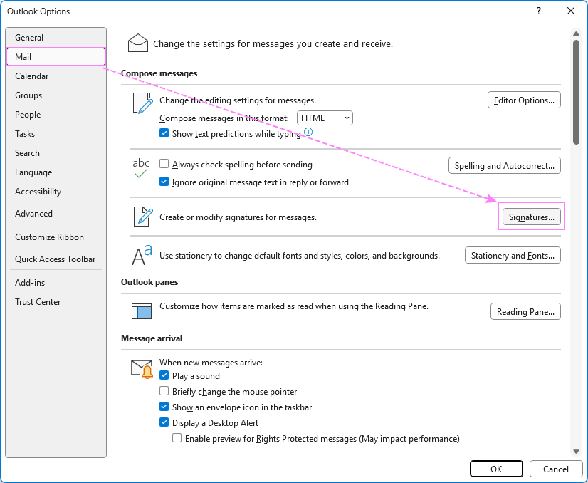 Access Outlook signature settings.