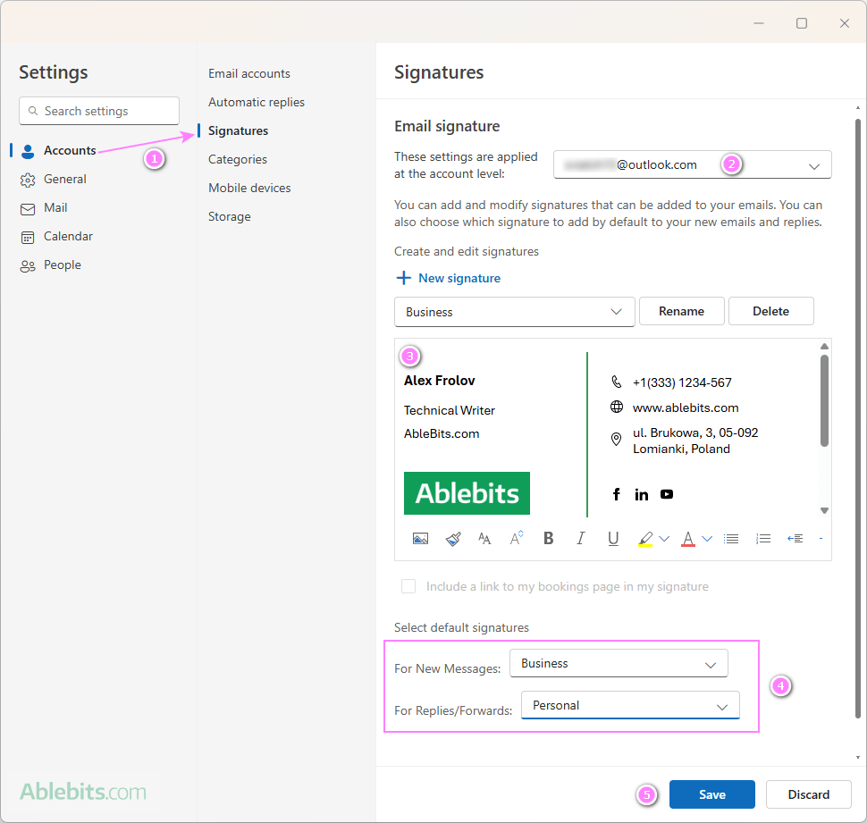 Set up an auto signature in the new Outlook.