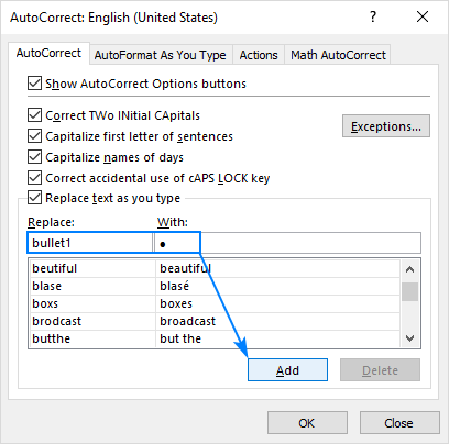 Creating an AutoCorrect entry to insert a bullet point in Excel