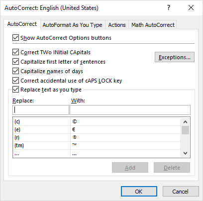 Excel AutoCorrect options