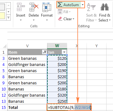Use Excel AutoSum to sum only visible cells.