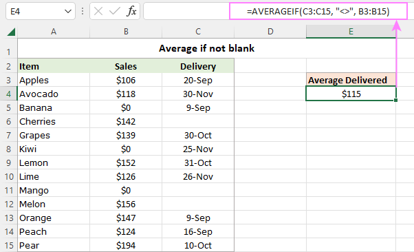 Average a range of cells if a cell in another range is not blank.