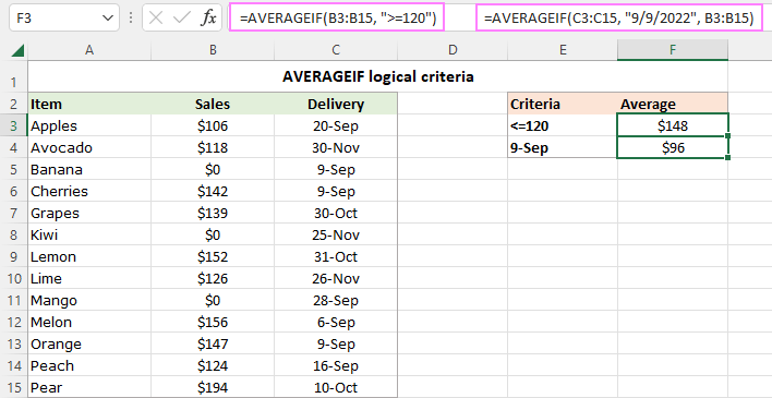 AVERAGEIF logical criteria for numeric values