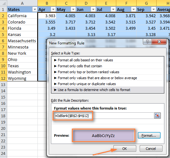 A rule to change the background color of blank cells using a formula