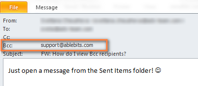 You can view the Bcc recipients' names in the header section of the message opened from the Sent Items folder.