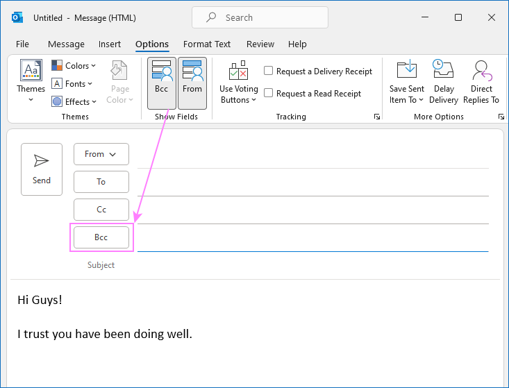 Add the BCC line in Outlook.