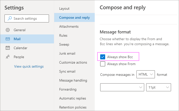 Always show the Bcc field in Outlook 365.