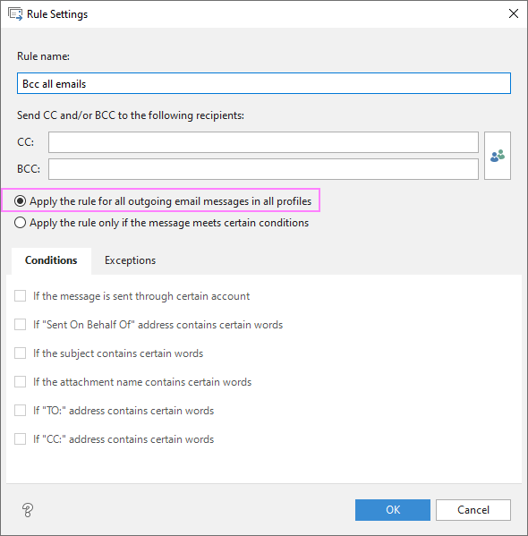 Configure the Auto Bcc rule in Outlook.