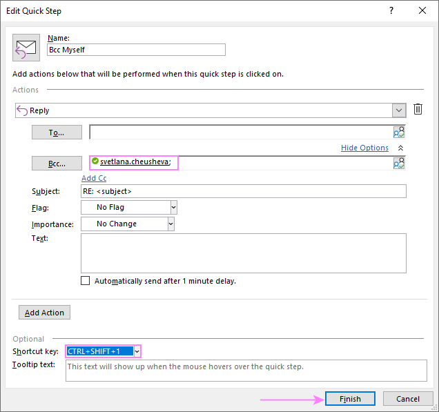 Configure the quick step to Bcc myself in Outlook.