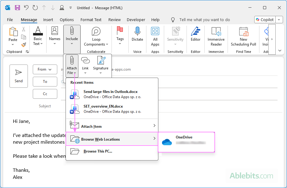 Attach OneDrive files in classic Outlook.
