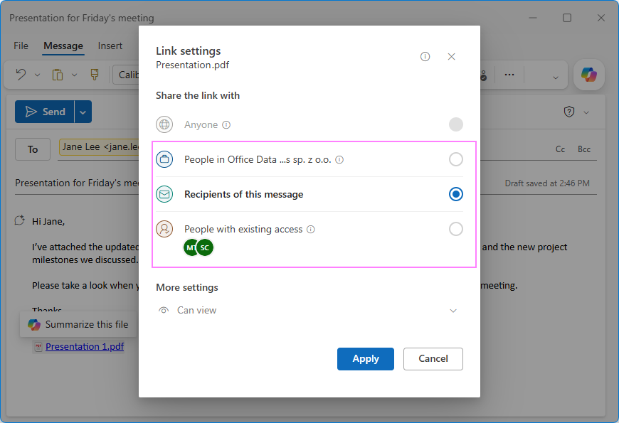 Change access permissions for a OneDrive file in new Outlook.