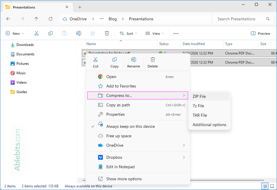 Create a ZIP archive to reduce an Outlook attachment size.