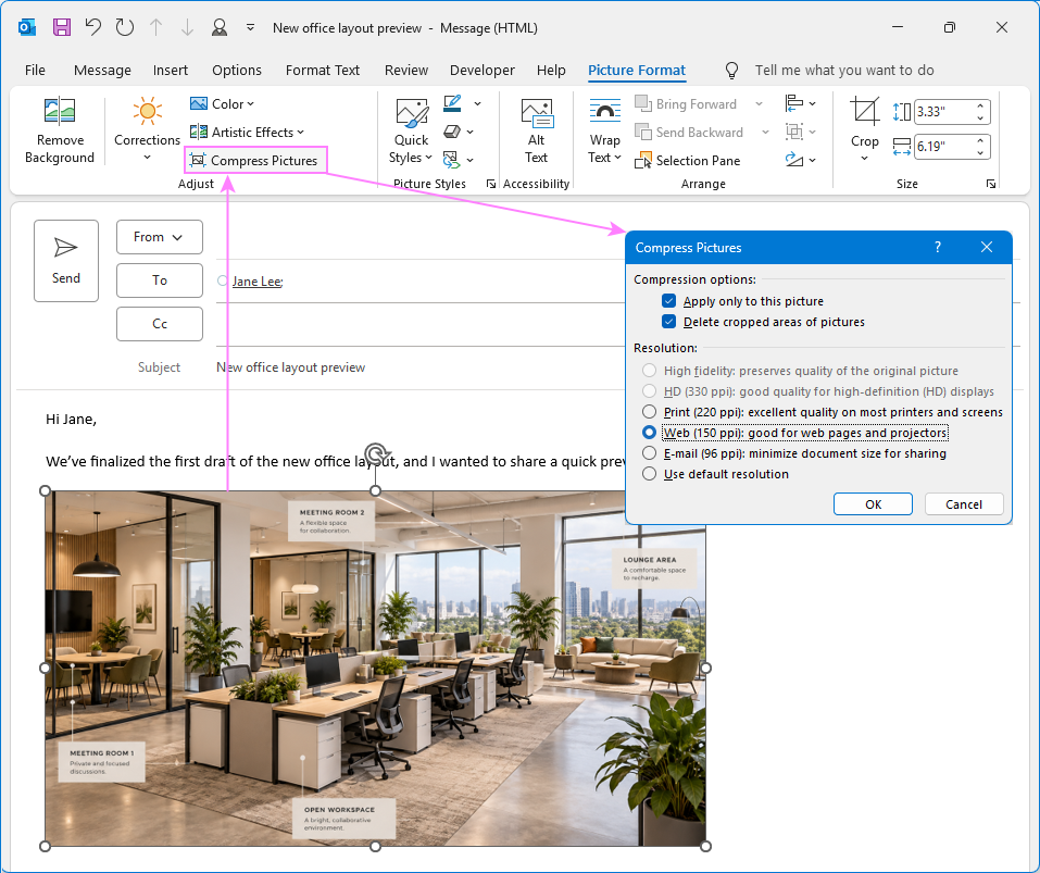 Compress a picture embedded in an Outlook email.