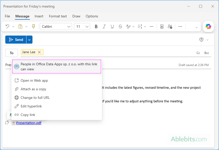 Review the access permissions for a OneDrive file in new Outlook.
