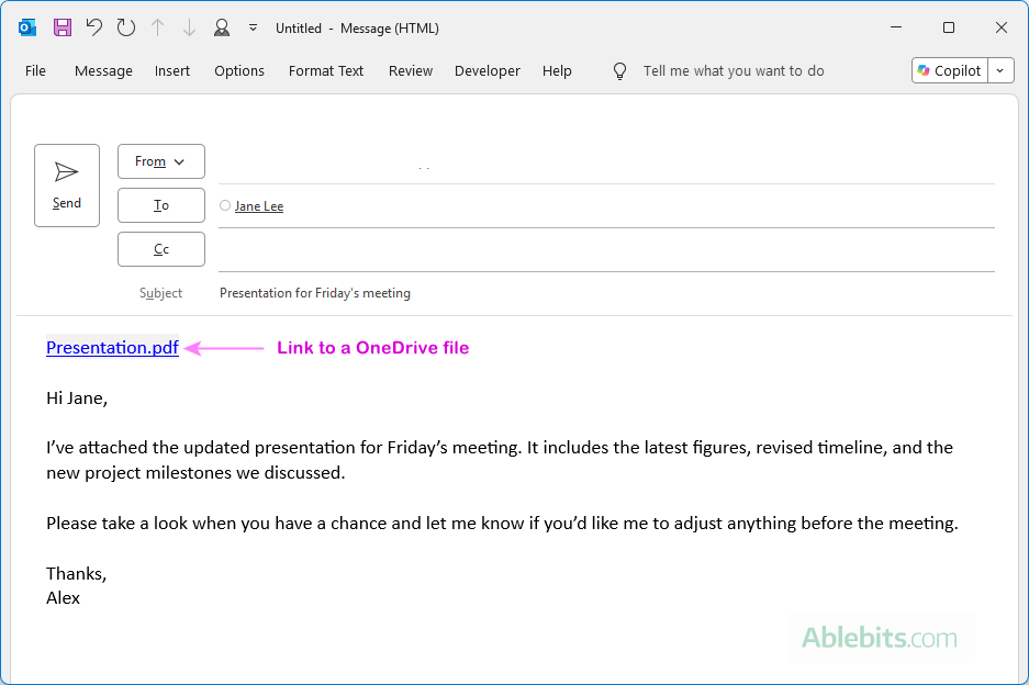Local attachment is replaced with a OneDrive link in classic Outlook.