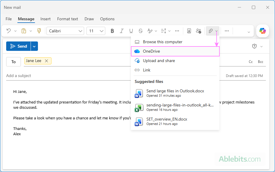 Email large OneDrive files in new Outlook.