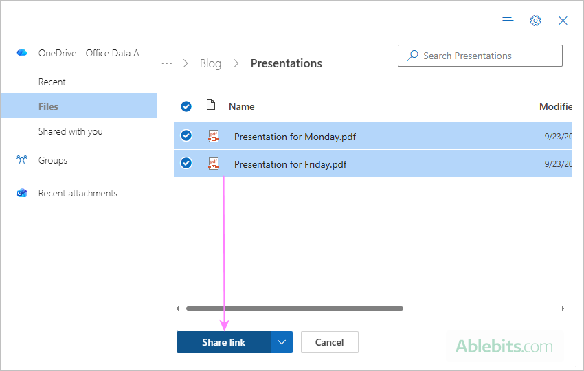 Share selected OneDrive files as links in new Outlook.