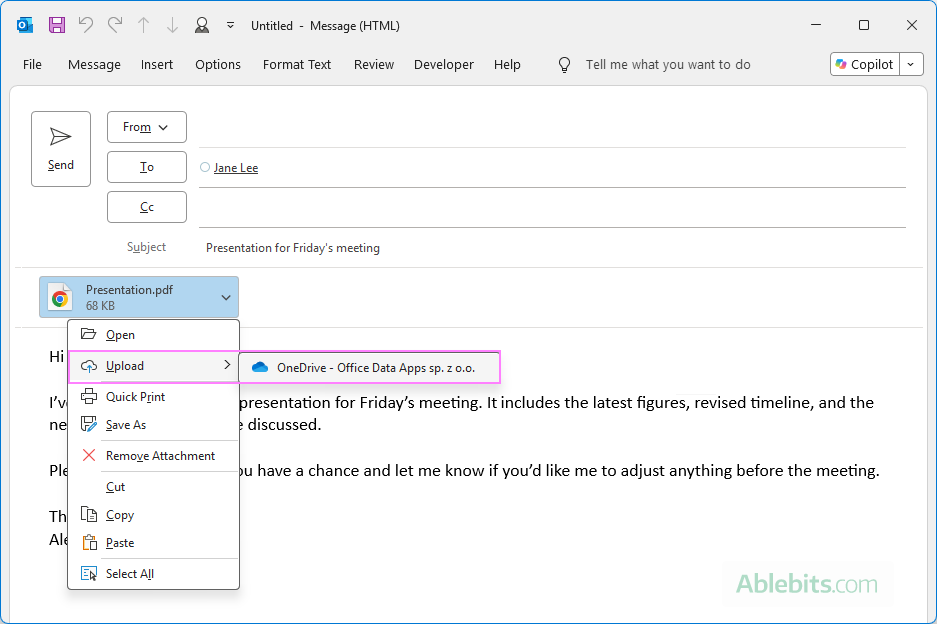 Upload an attached file to OneDrive from classic Outlook.