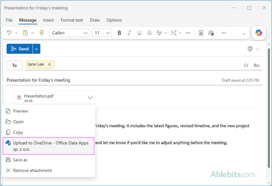 Upload a large Outlook attachment to OneDrive.