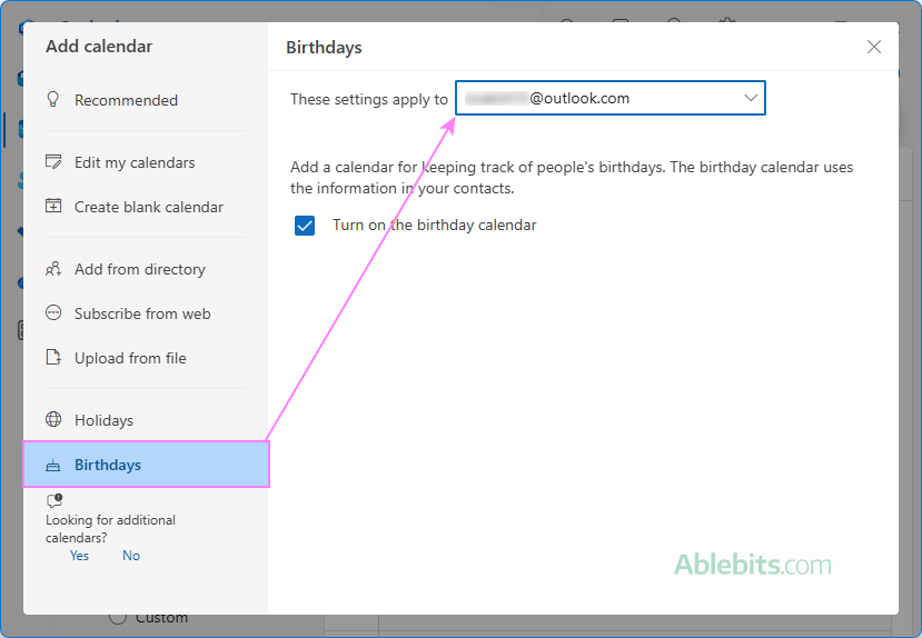 Add the Birthday calendar in Outlook.
