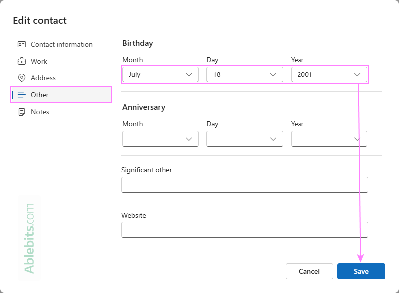 Add a birthday to New Outlook's contact.
