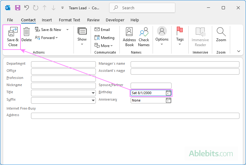 Add birthday information to an Outlook contact.