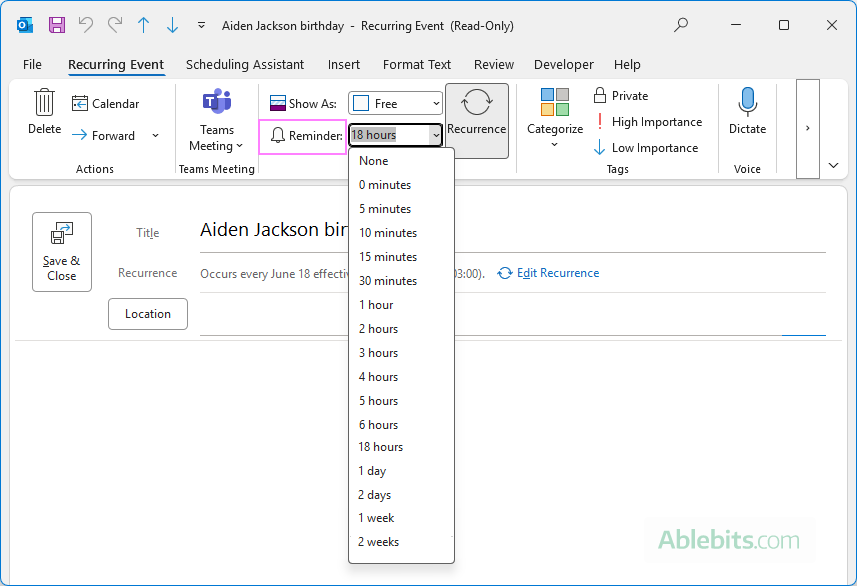 Change a birthday reminder in Outlook 365.