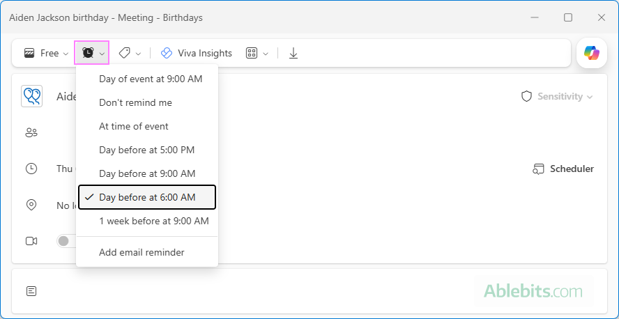 Configure birthday reminders in new Outlook.