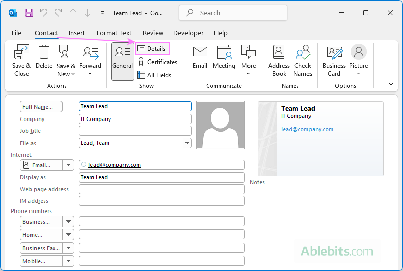 Open the Contact Details form in Outlook.